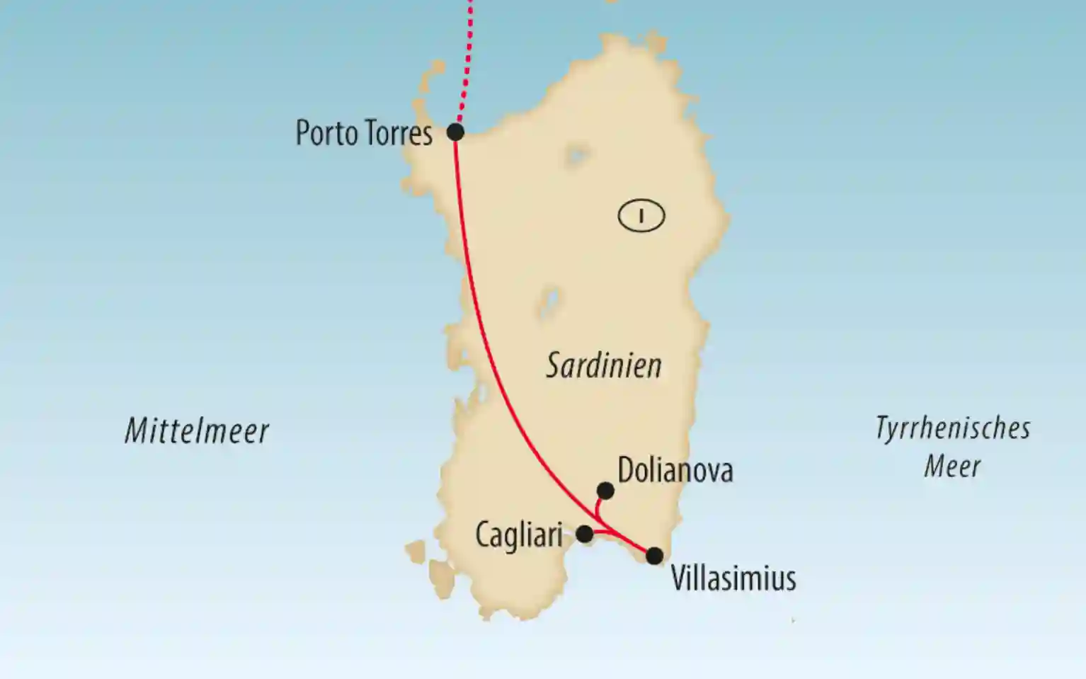 Karte von Sardinien mit markierter Route und Orten wie Porto Torres, Cagliari und Villasimius