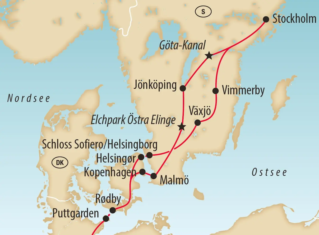 Übersichtskarte von Südschweden mit markierter Reiseroute über Stockholm, Göta-Kanal, Malmö und Kopenhagen