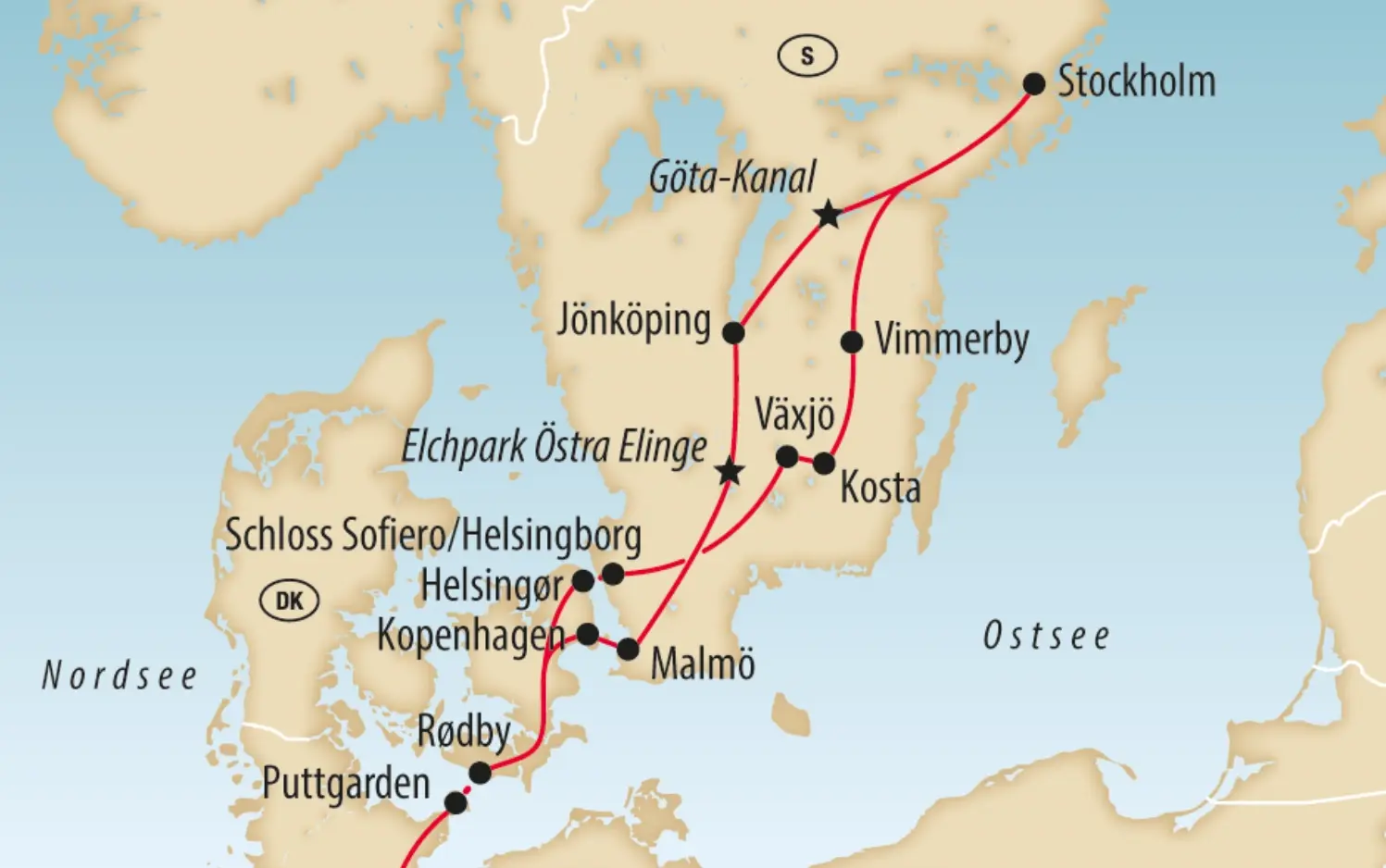 Übersichtskarte von Südschweden mit markierter Reiseroute über Stockholm, Göta-Kanal, Malmö und Kopenhagen