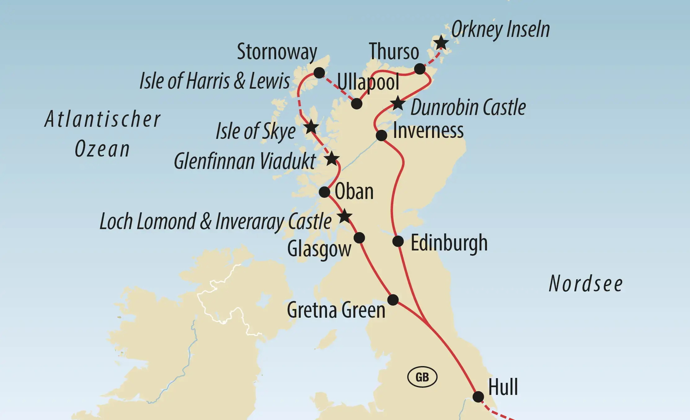 Karte der Rundreise durch Schottland mit Route von Edinburgh über Highlands bis zu den Orkney-Inseln