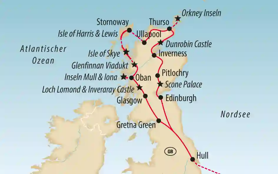 Übersichtskarte von Schottland und Irland mit markierter Reiseroute und Stationen