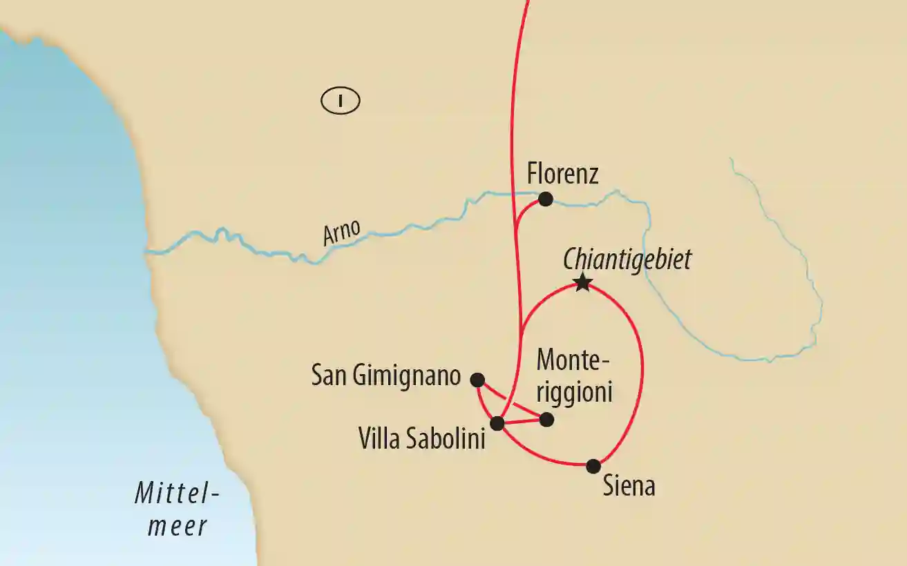 Karte der Reiseroute durch die Toskana mit Florenz, Siena, San Gimignano und Monteriggioni.
