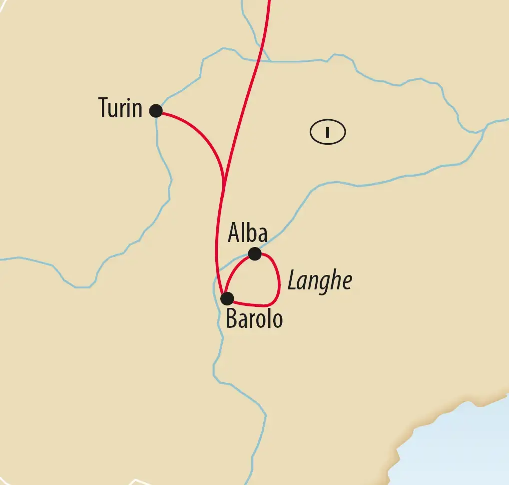 Karte von Piemont mit Turin, Alba und Barolo sowie markierter Route