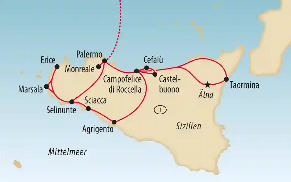 Übersichtskarte von Sizilien mit markierter Reiseroute über Palermo, Agrigento, Taormina und Ätna