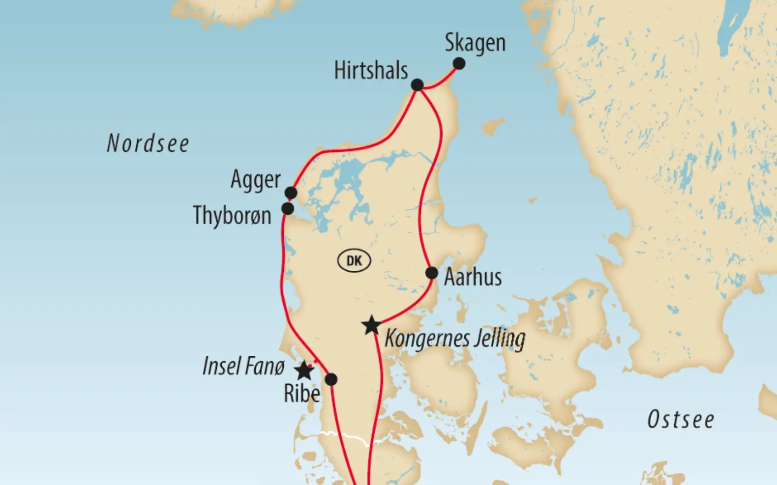Karte von Dänemark mit eingezeichneter Reiseroute entlang der West- und Ostküste inklusive Aarhus Skagen und Ribe