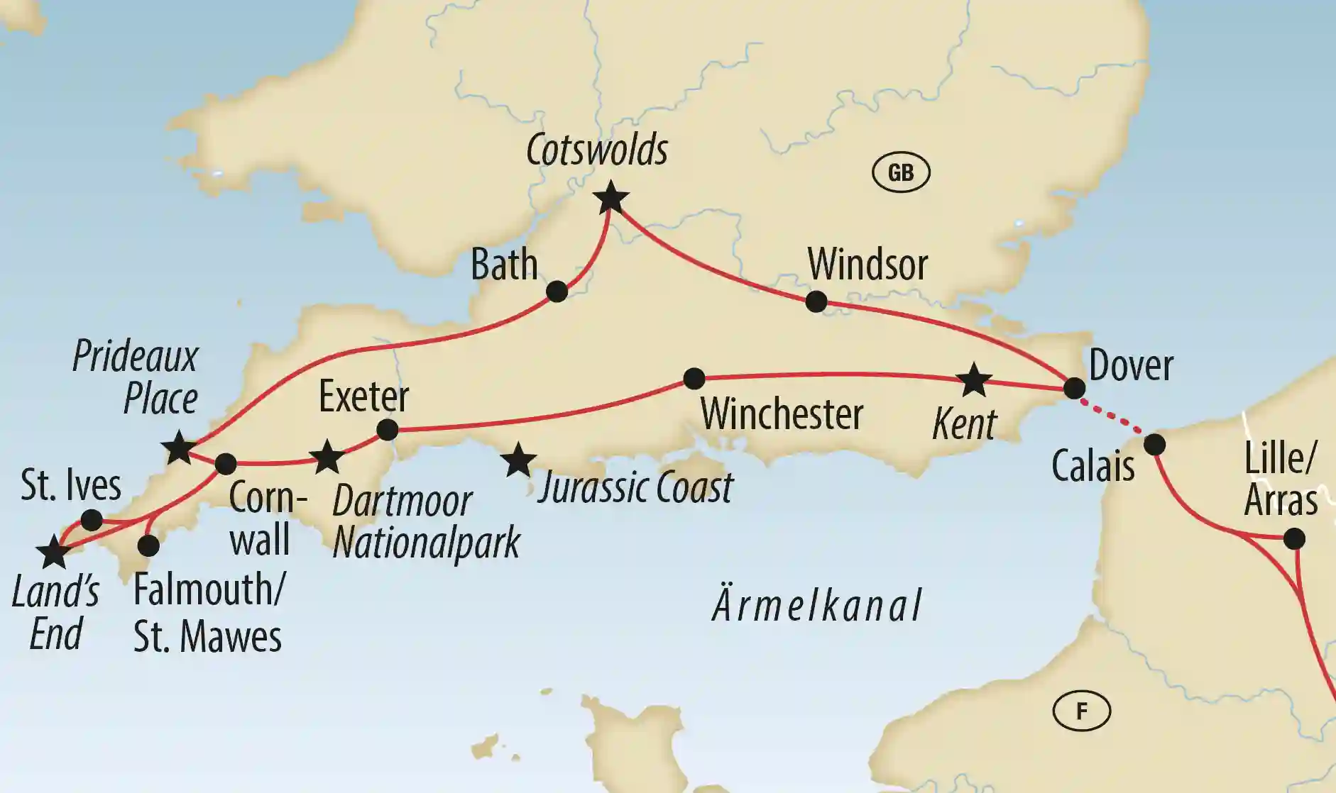 Karte der Reiseroute durch Südengland von Calais über Kent, Cornwall, Devon und die Cotswolds