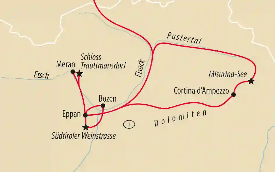 Karte mit Reiseroute durch Südtirol mit Stationen Meran, Bozen, Eppan, Dolomiten und Misurina See