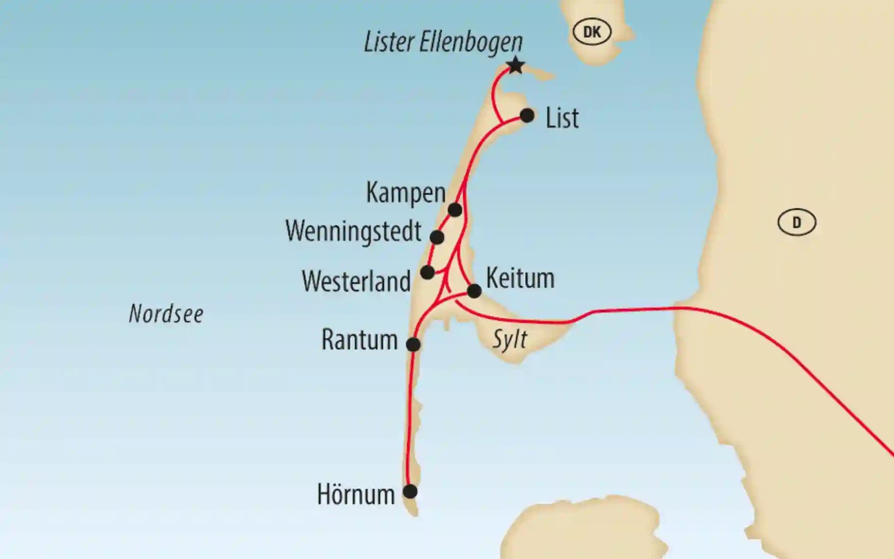 Karte der Insel Sylt mit Orten wie List, Kampen, Westerland, Keitum, Rantum und Hörnum sowie Verkehrsverbindungen