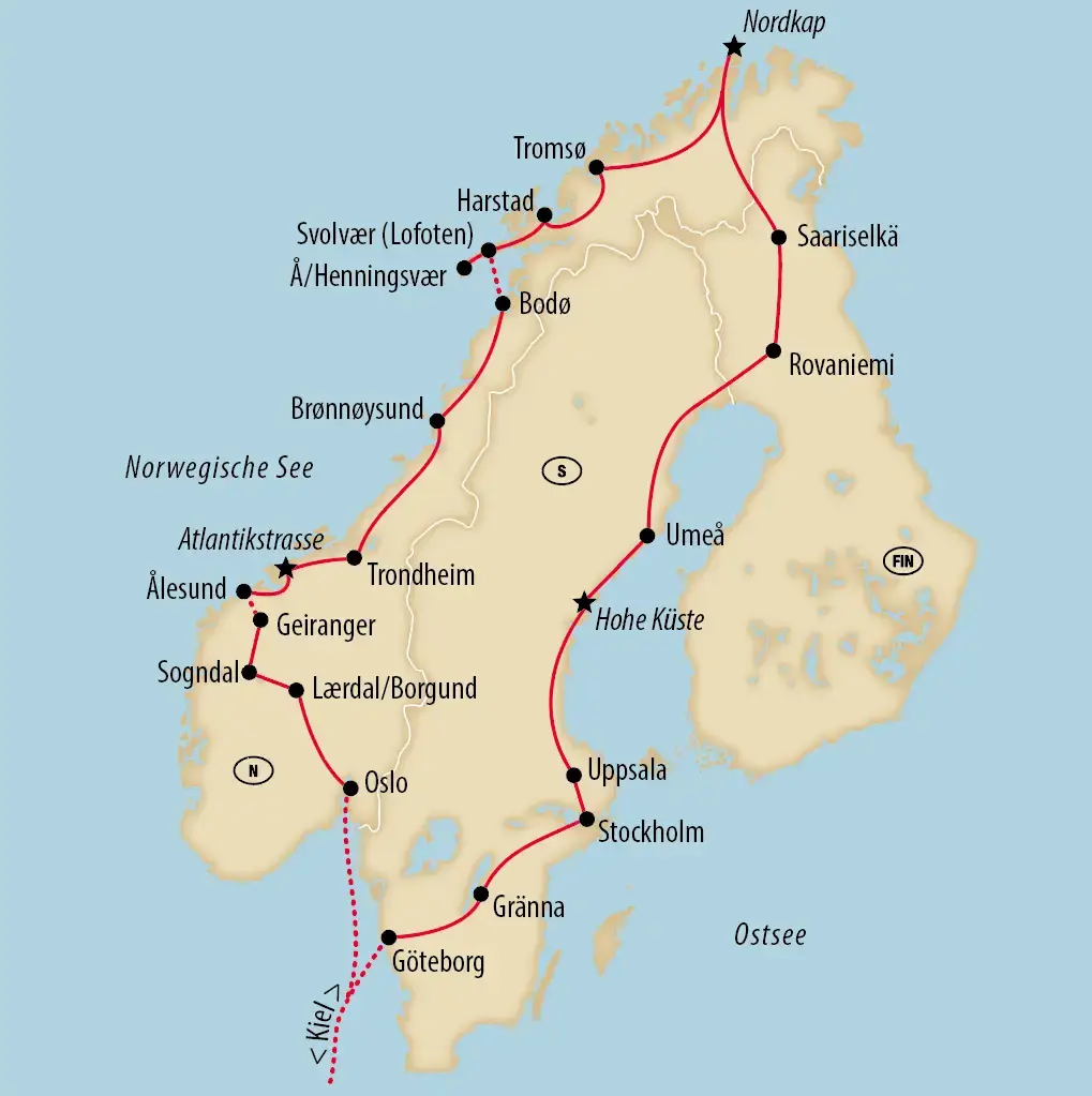 Übersichtskarte einer Rundreise durch Skandinavien mit markierten Orten in Norwegen, Schweden und Finnland