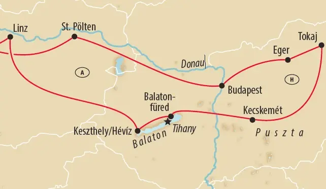 Karte der Reiseroute über Linz, Budapest, Tokaj, Eger, Balaton und St. Pölten.