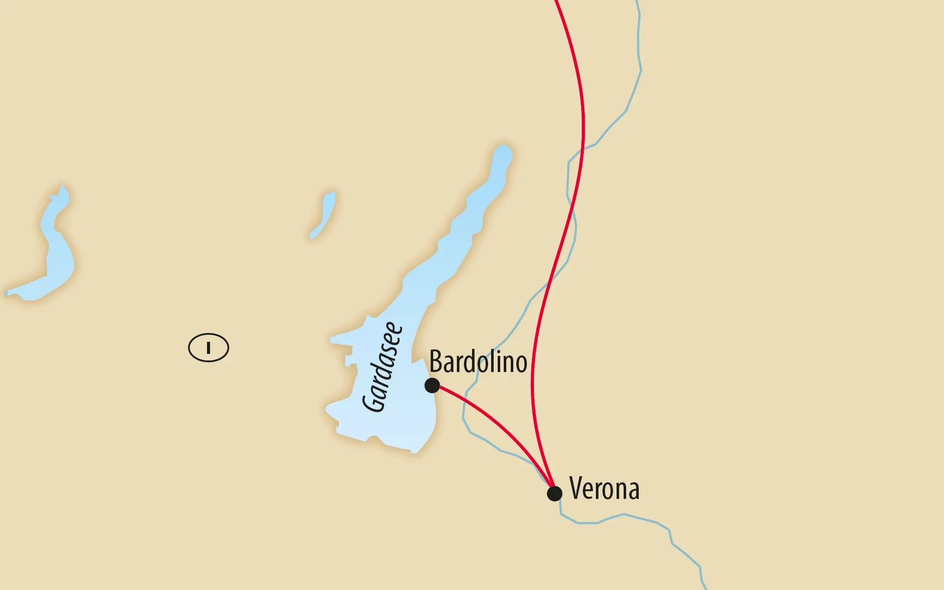 Übersichtskarte mit Reiseroute zwischen Verona und Bardolino am Gardasee
