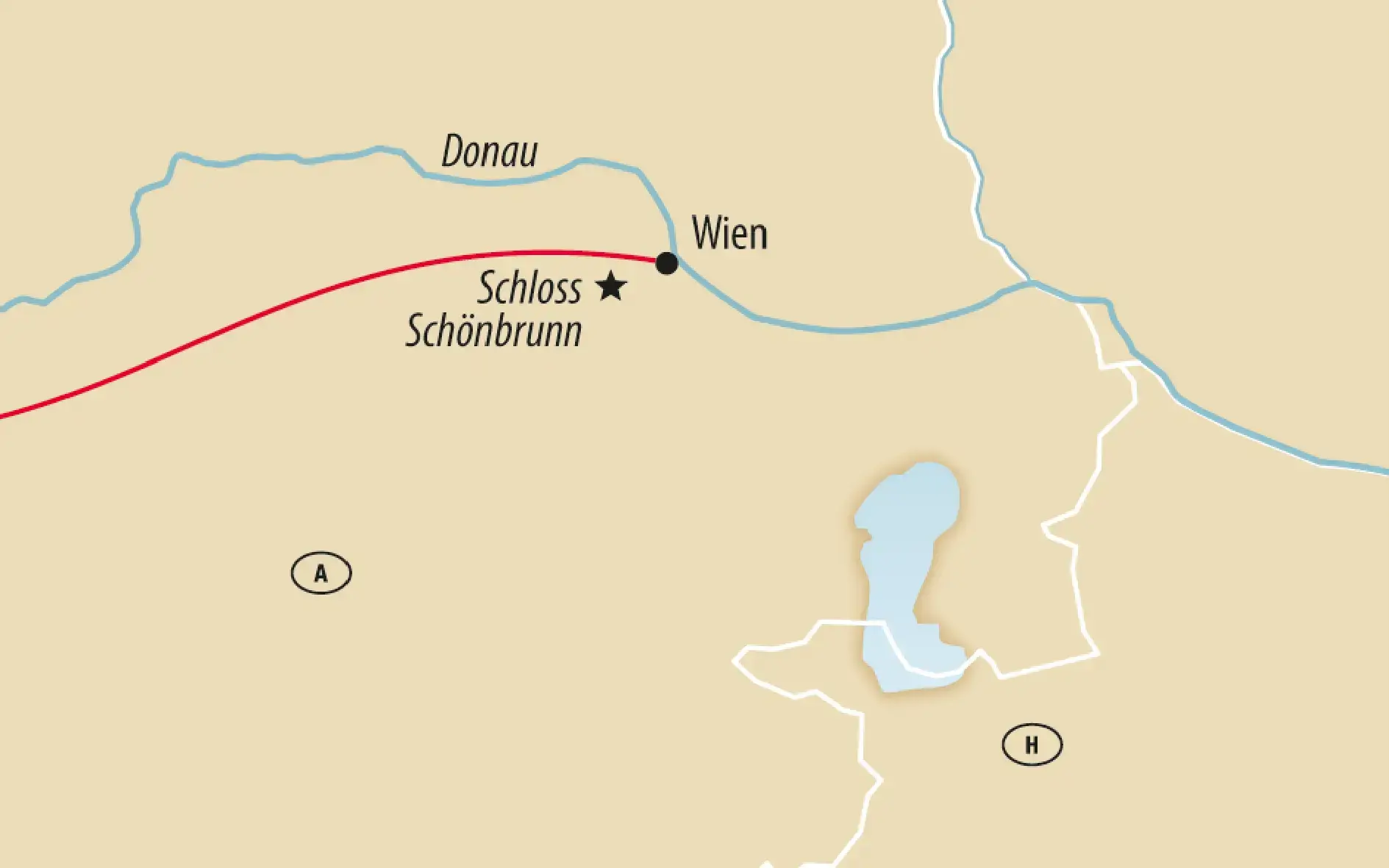 Übersichtskarte von Wien mit Markierung von Schloss Schönbrunn, Donau und Stadtzentrum