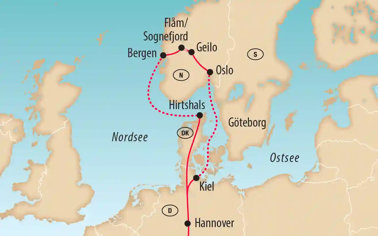 Karte der Reiseroute durch Dänemark und Norwegen mit Kiel, Oslo, Geilo, Flåm und Bergen.