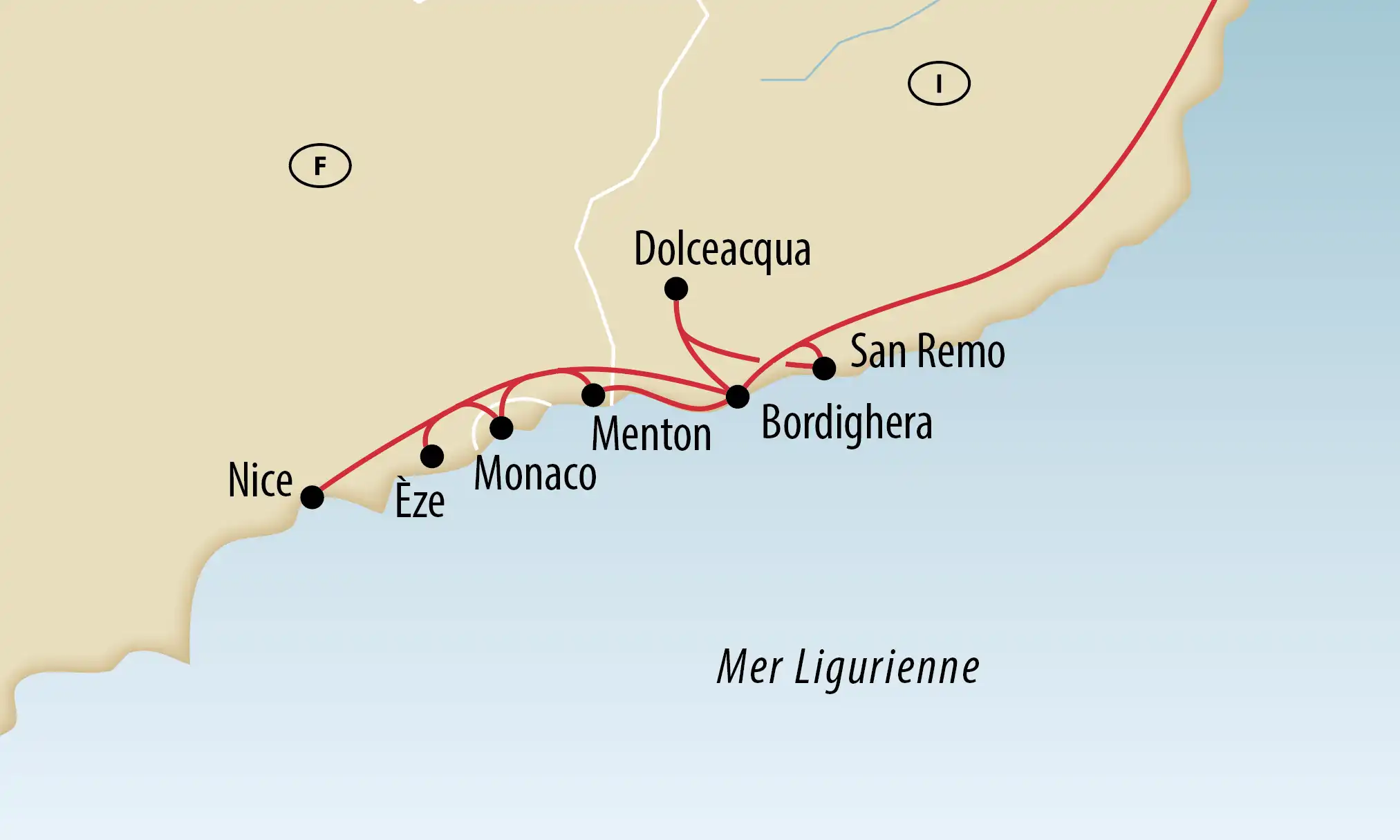 Carte d’ensemble de la côte entre Nice et San Remo avec itinéraire indiqué