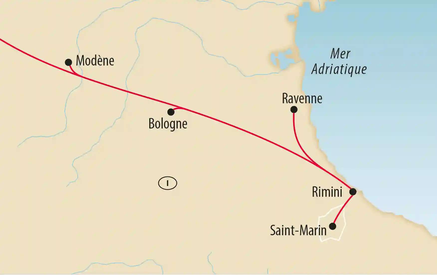 Carte de l Émilie Romagne avec itinéraire indiqué et noms de villes en français