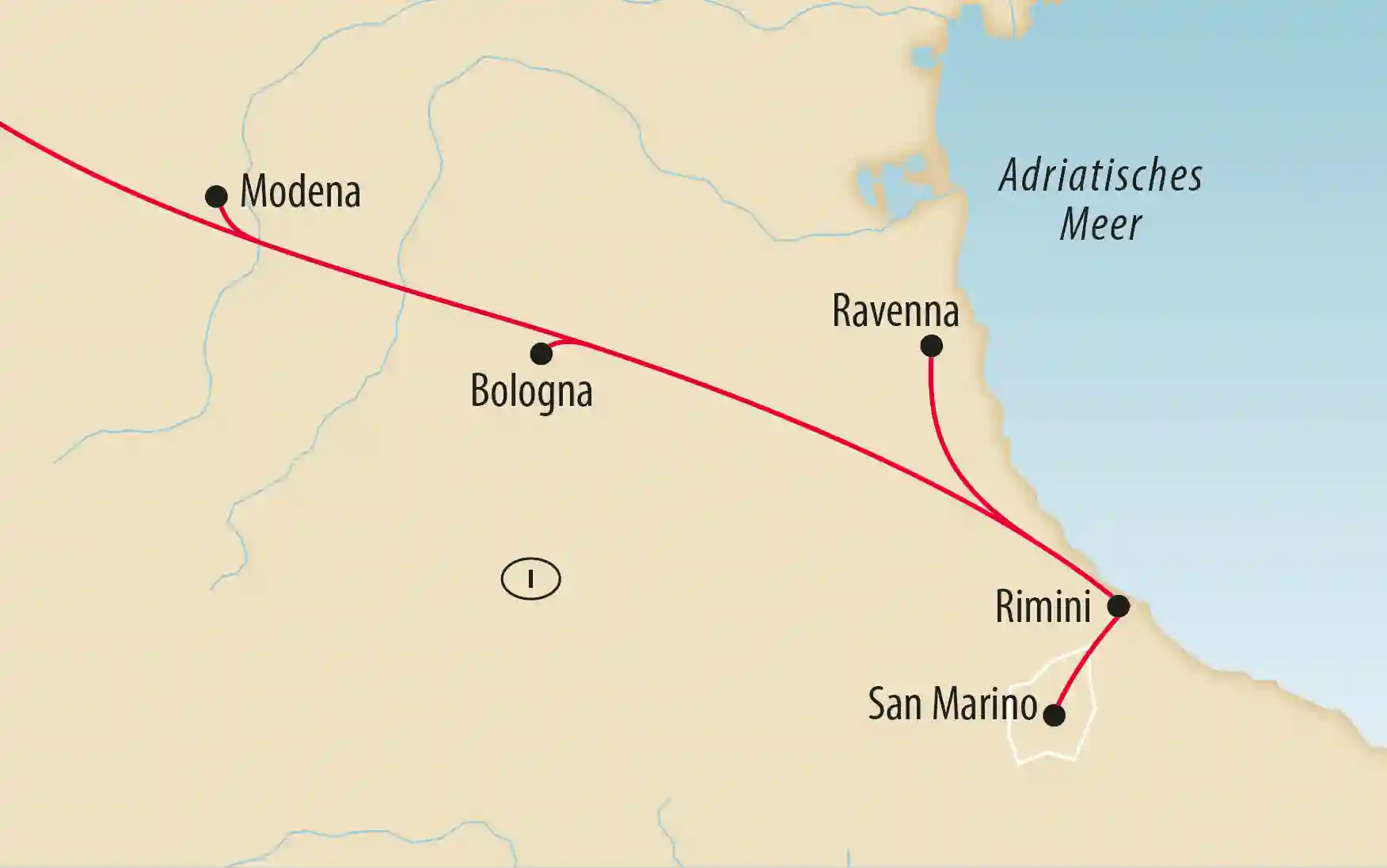 Karte der Region Emilia Romagna mit Reiseroute und Orten wie Modena, Bologna, Ravenna, Rimini und San Marino