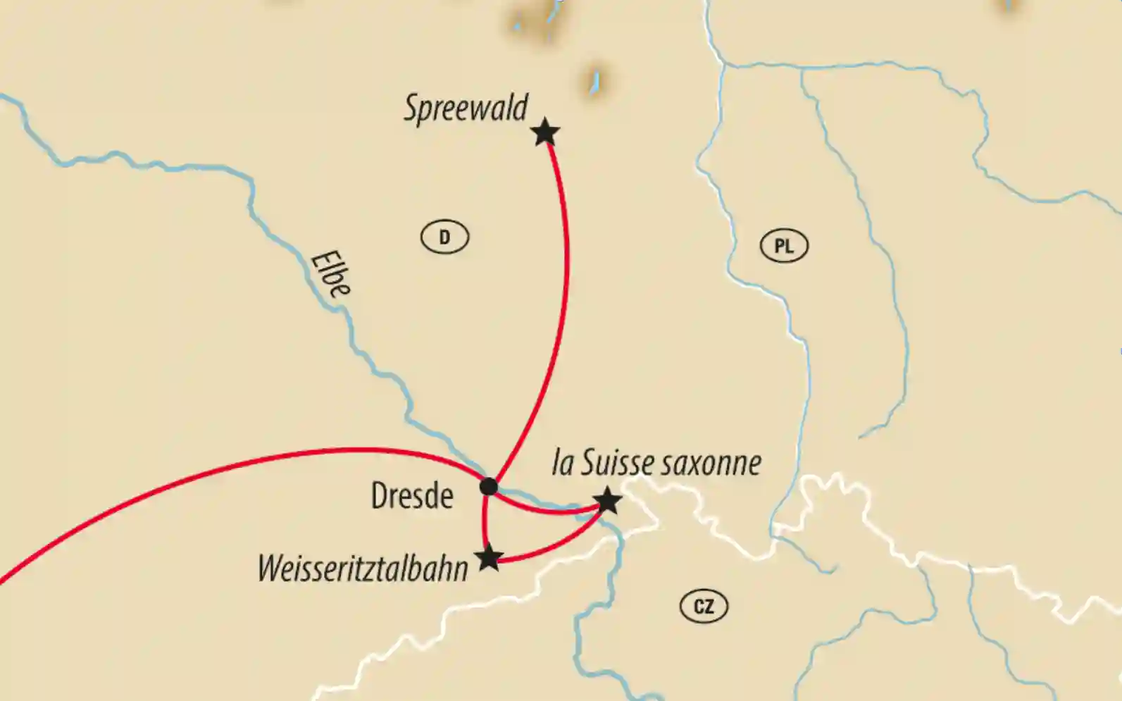 Carte d ensemble avec itinéraire marqué au départ de Dresde vers la Suisse saxonne, le Spreewald et la ligne du Weisseritz