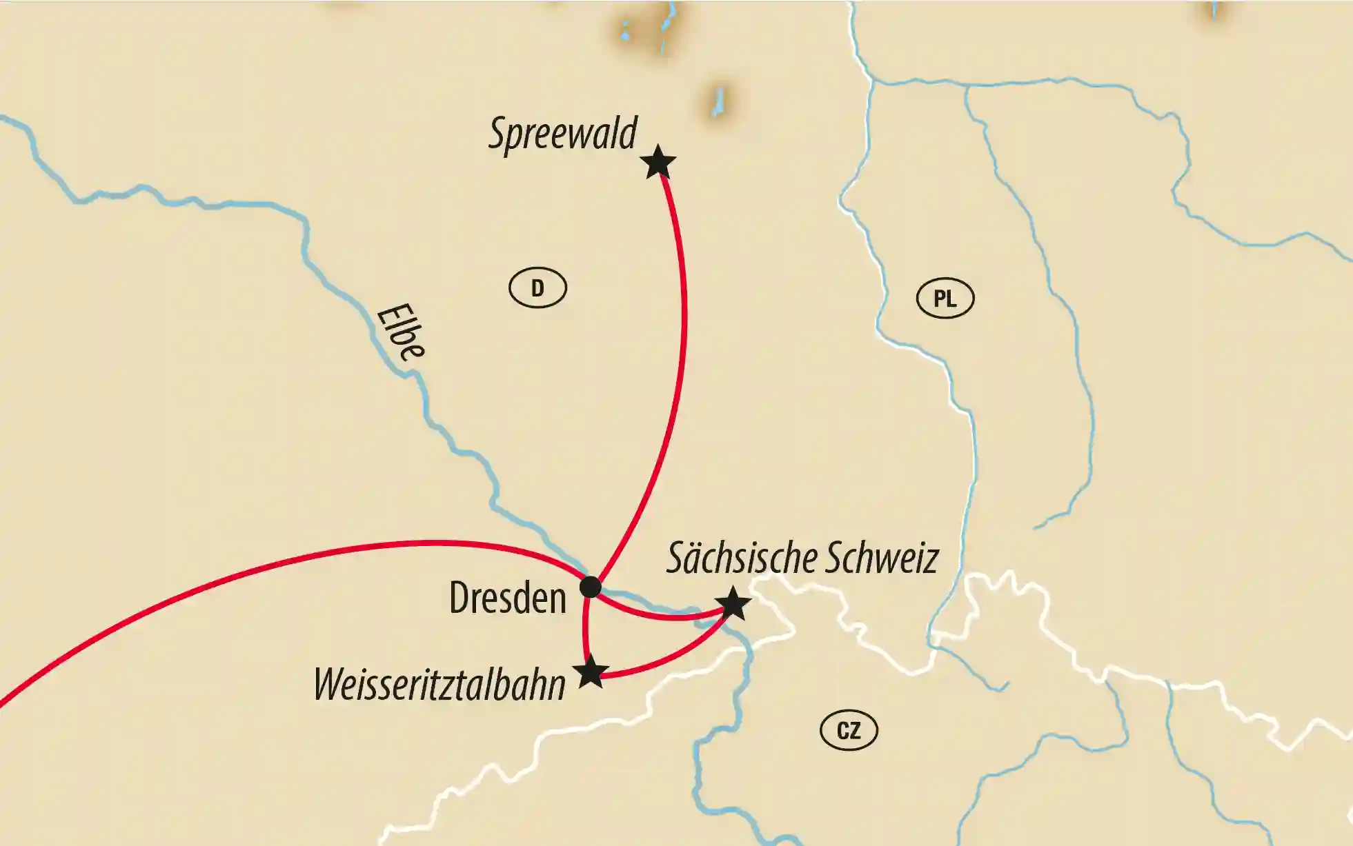 Kartenansicht mit Reiseroute von Dresden zur Sächsischen Schweiz, Spreewald und Weisseritztalbahn entlang der Elbe
