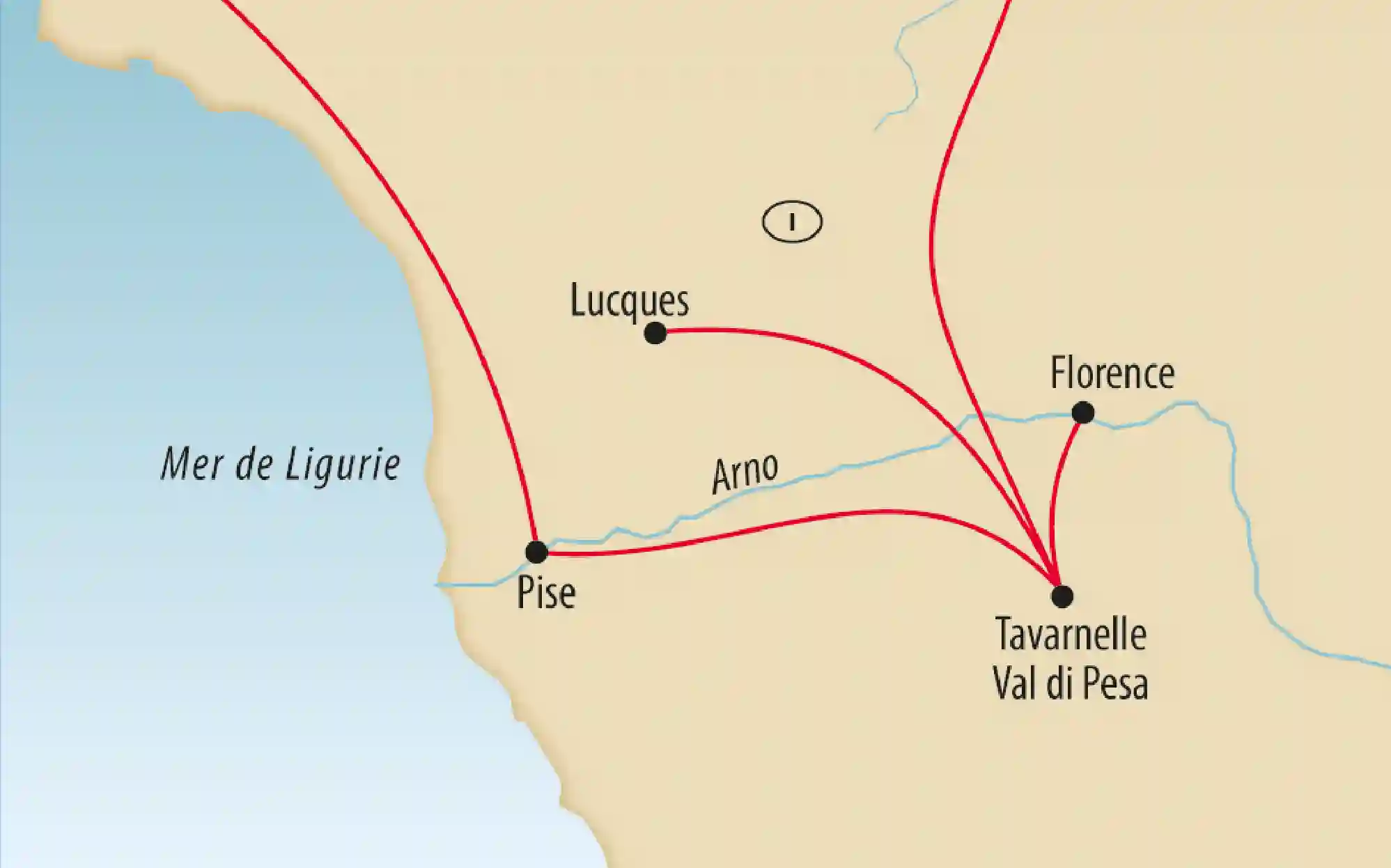Carte de la Toscane montrant un itinéraire entre Florence, Pise, Lucques et Tavarnelle Val di Pesa, avec le fleuve Arno et la côte sur la mer de Ligurie.