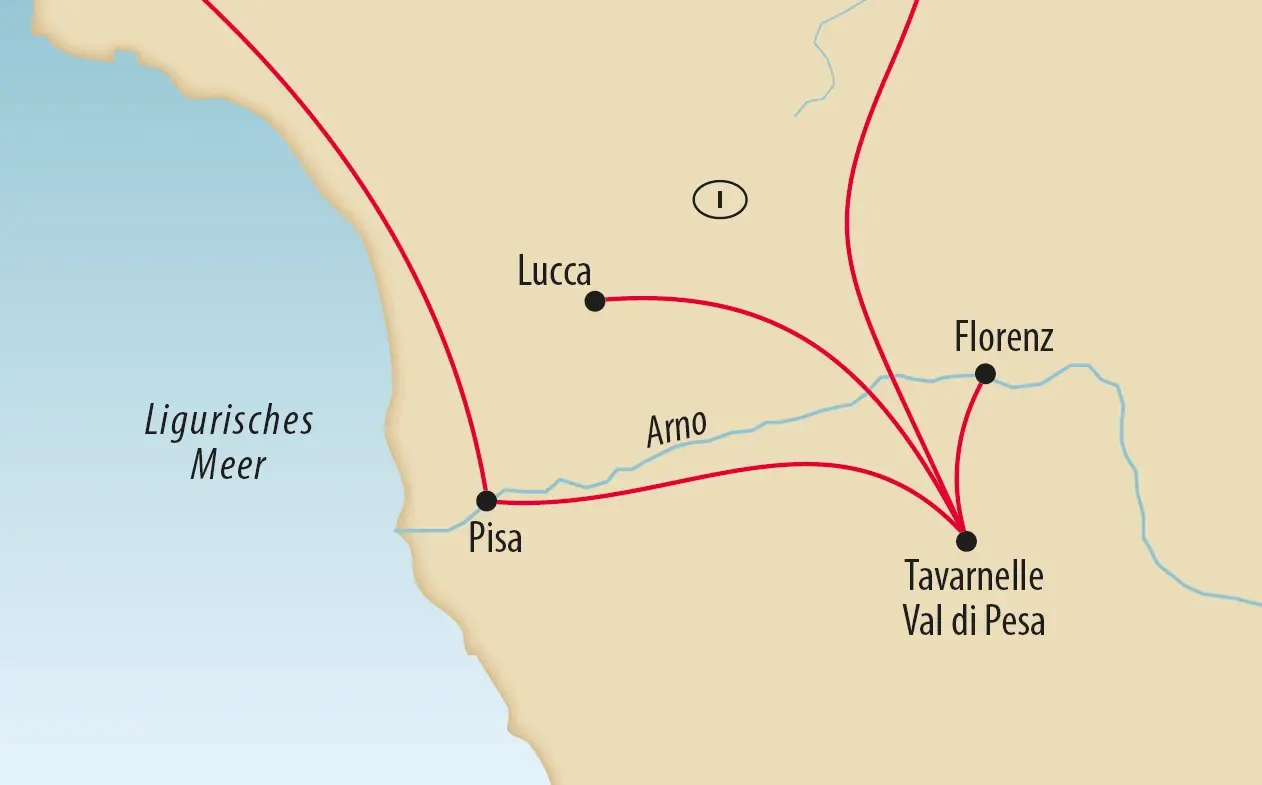 Karte einer Reiseroute in der Toskana mit Verbindungen zwischen Pisa am Ligurischen Meer, Lucca, Florenz und Tavarnelle Val di Pesa entlang des Flusses Arno