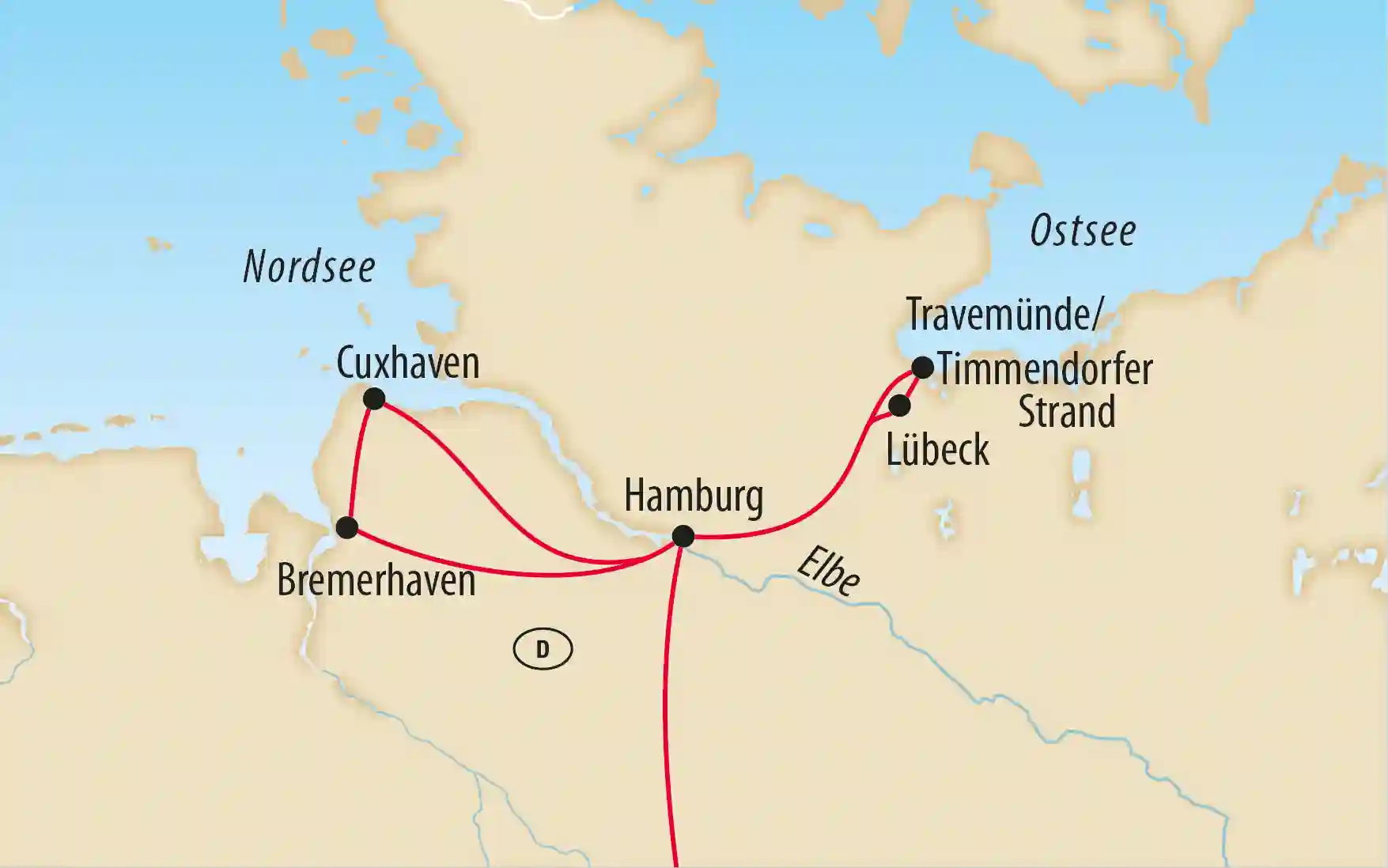 Karte von Norddeutschland mit Reiseroute über Hamburg, Lübeck, Travemünde, Cuxhaven und Bremerhaven