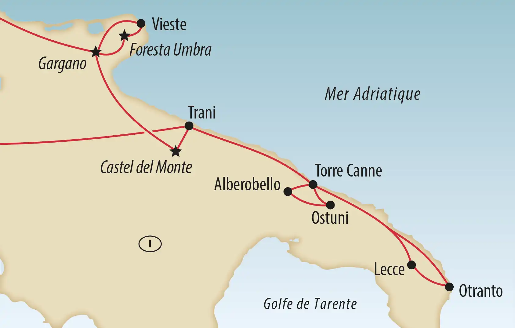 Carte avec itinéraire à travers les Pouilles et les villes côtières