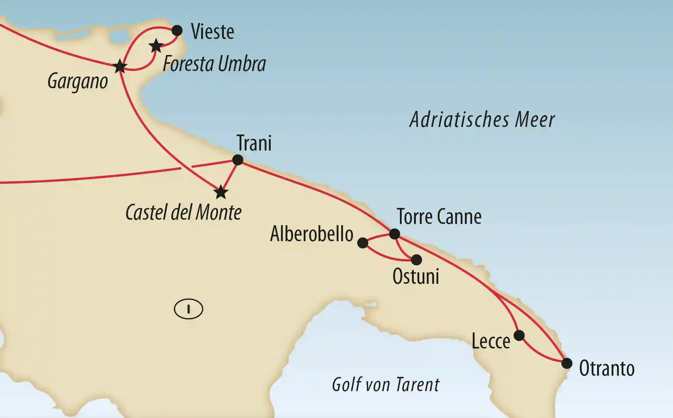 Karte mit Reiseroute durch Apulien und Küstenorte