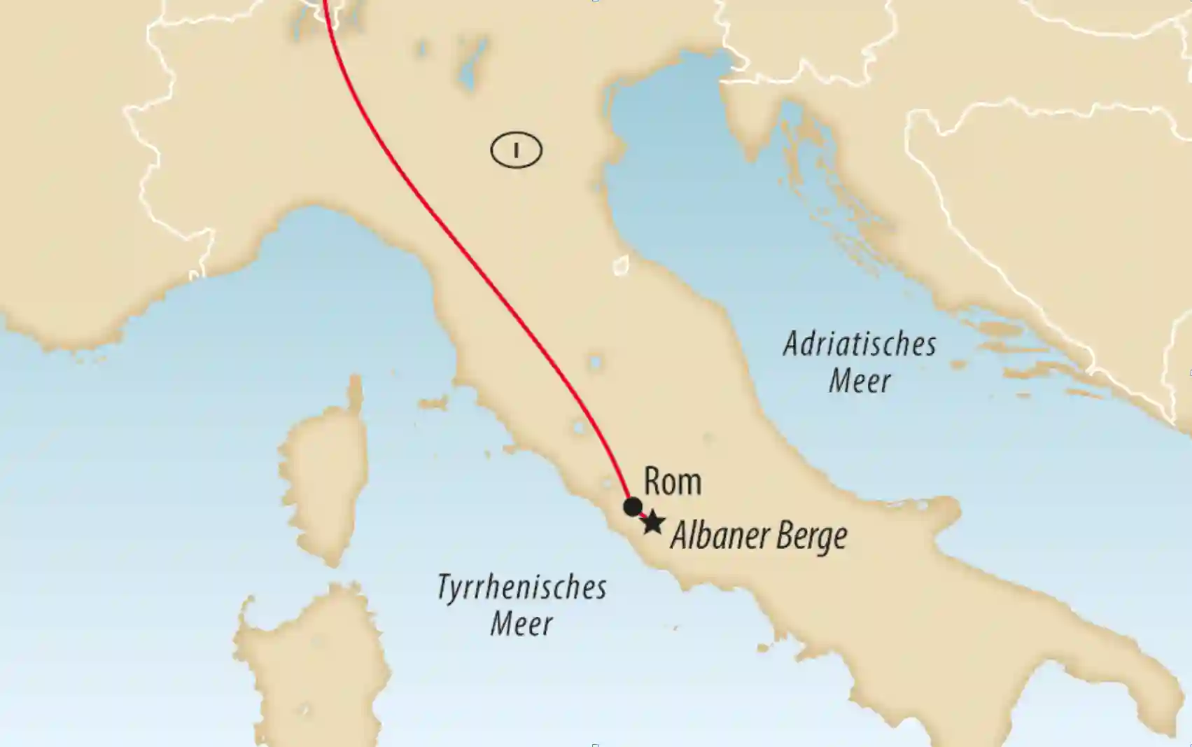 Übersichtskarte von Italien mit markierter Route nach Rom und in die Albaner Berge zwischen Tyrrhenischem und Adriatischem Meer