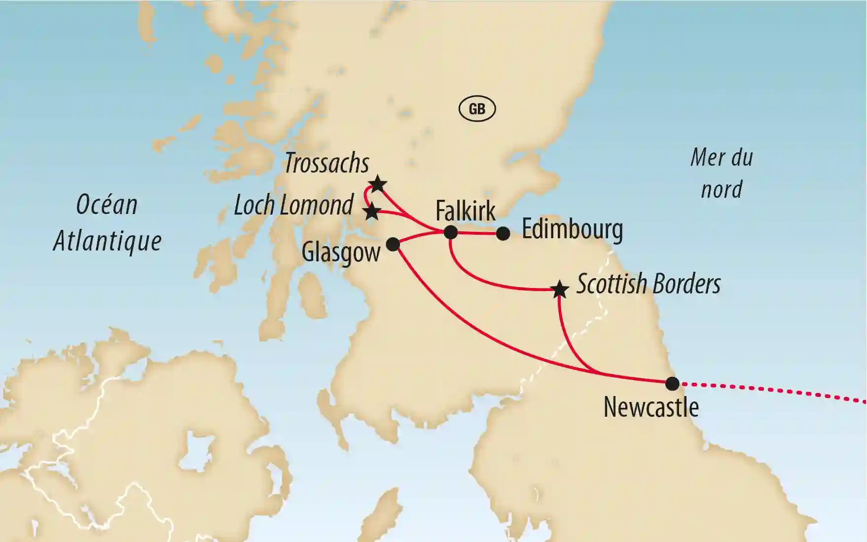 Carte de l’Écosse et du nord de l’Angleterre montrant un itinéraire de voyage entre Newcastle, les Scottish Borders, Édimbourg, Falkirk, Glasgow, le Loch Lomond et les Trossachs avec l’océan Atlantique et la mer du Nord
