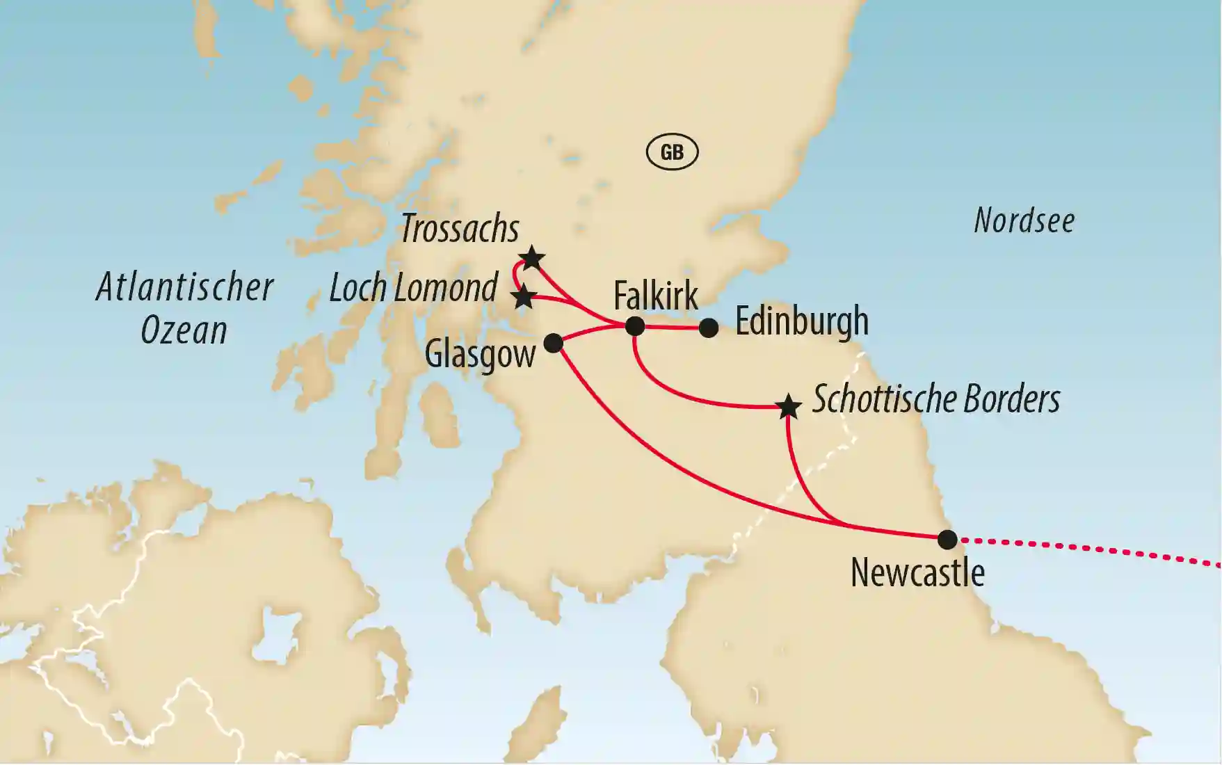 Karte von Schottland und Nordengland mit markierter Reiseroute zwischen Newcastle, den Schottischen Borders, Edinburgh, Falkirk, Glasgow, Loch Lomond und den Trossachs sowie eingezeichnetem Atlantischem Ozean und Nordsee