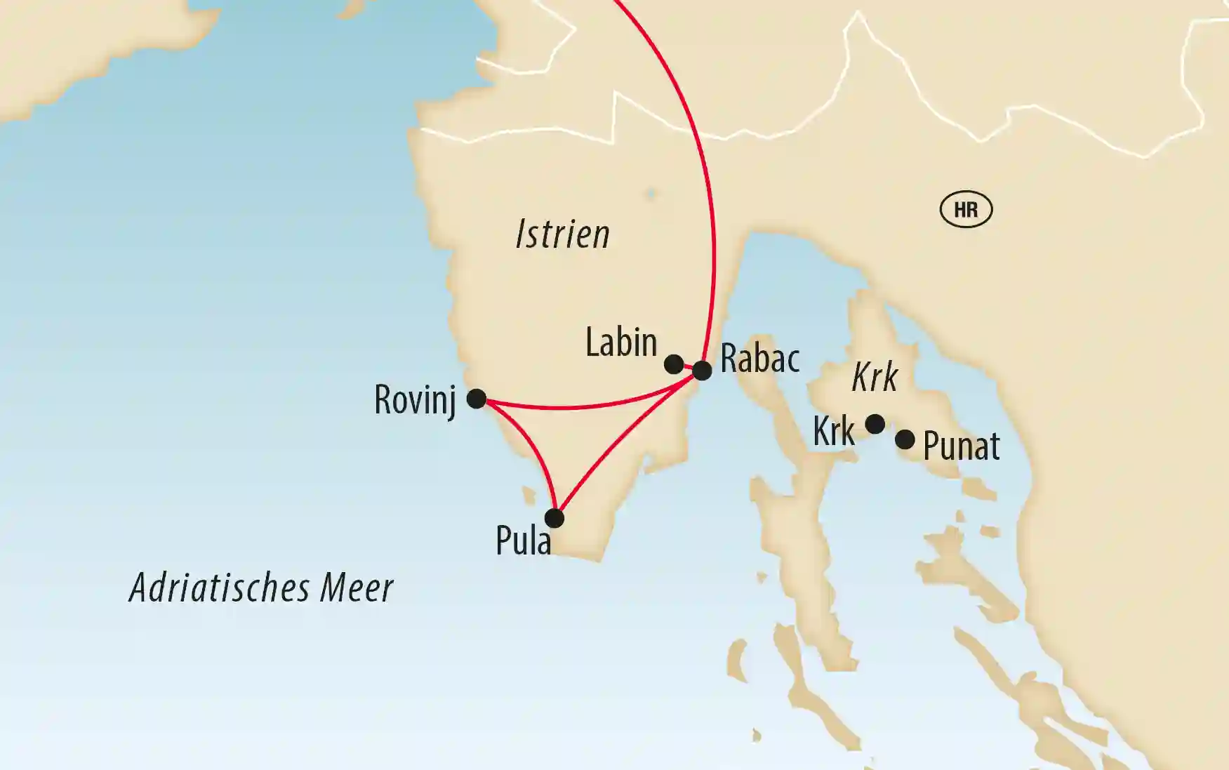 Karte von Istrien und der Insel Krk mit Reiseroute über Pula, Rovinj, Labin, Rabac und Punat