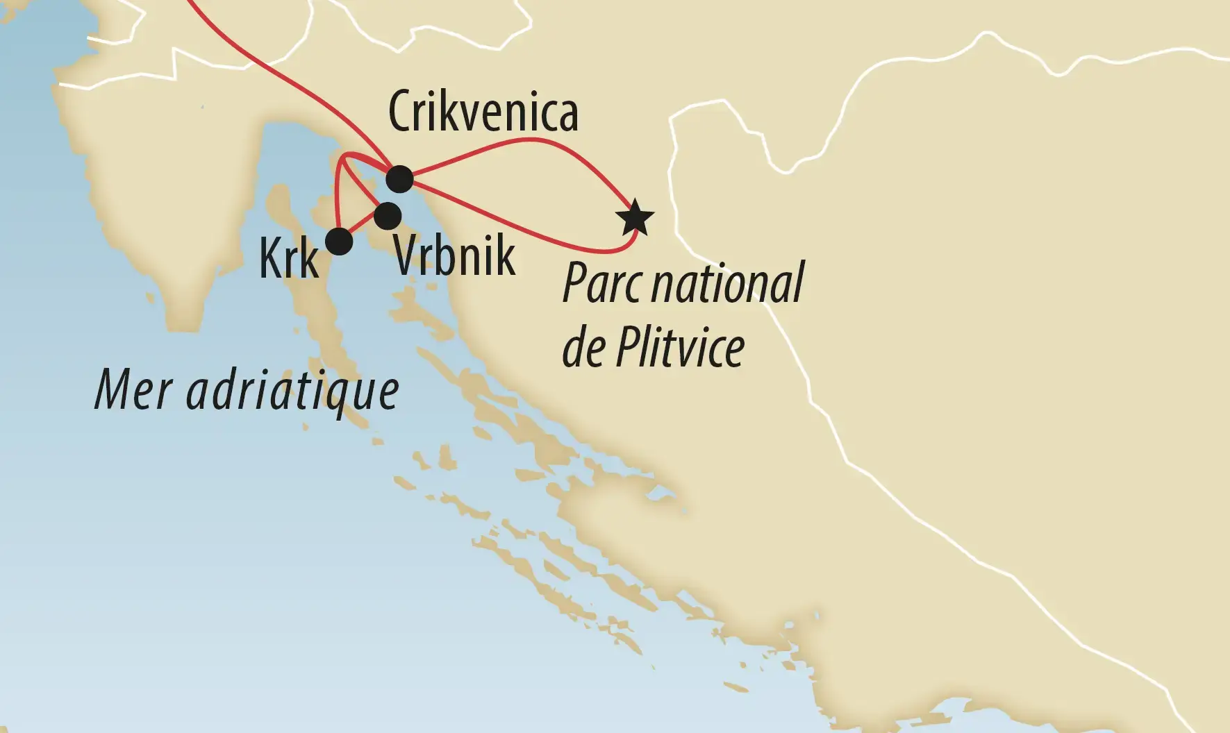 Carte de la Croatie avec l’itinéraire du voyage le long de la côte adriatique, passant par Krk, Vrbnik, Crikvenica et le parc national des lacs de Plitvice.