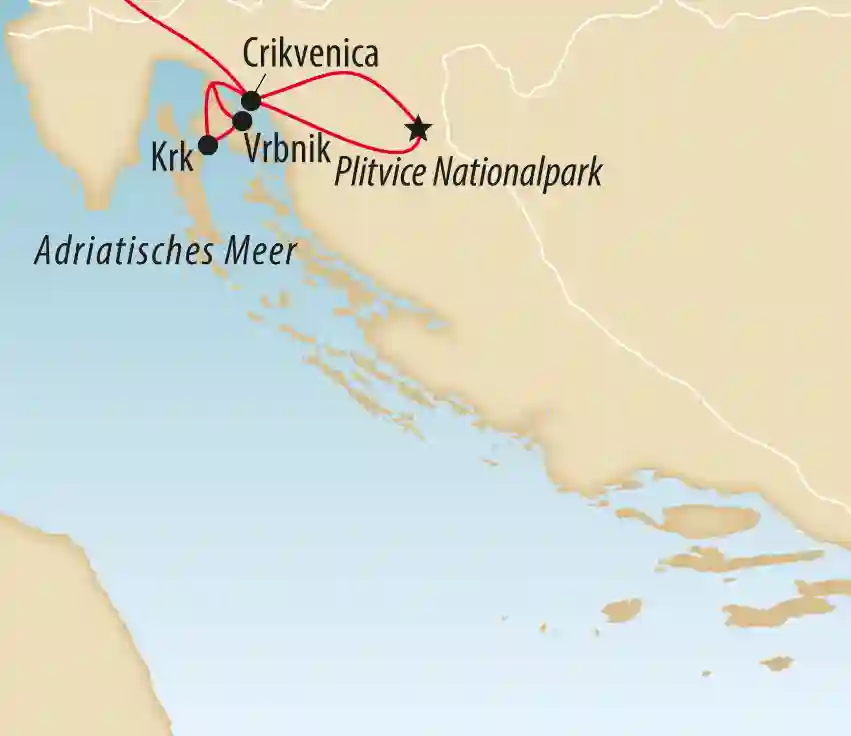 Karte von Kroatien mit Reiseroute entlang der Adriaküste über Krk, Vrbnik, Crikvenica und Plitvicer Nationalpark