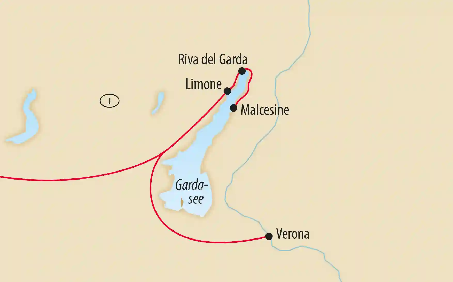 Übersichtskarte einer Rundreise am Gardasee mit Stationen wie Verona, Riva del Garda, Limone und Malcesine; rote Linien markieren die Reiseroute.