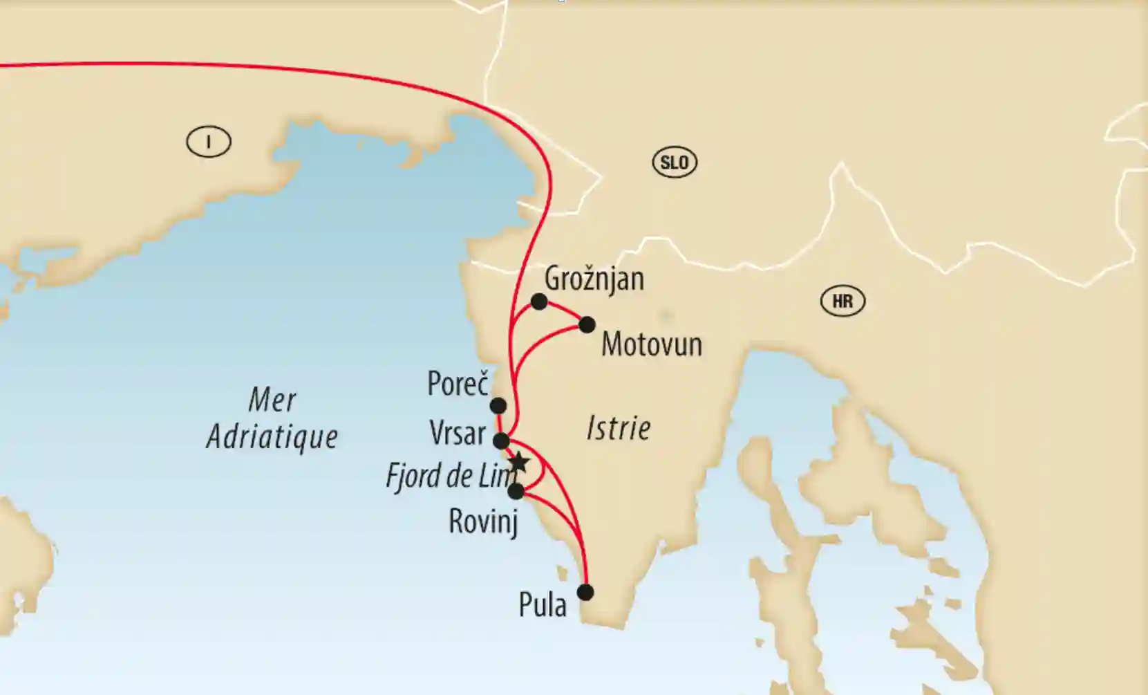 Carte de l’Istrie avec itinéraire de voyage et villes comme Poreč Pula Rovinj et Motovun