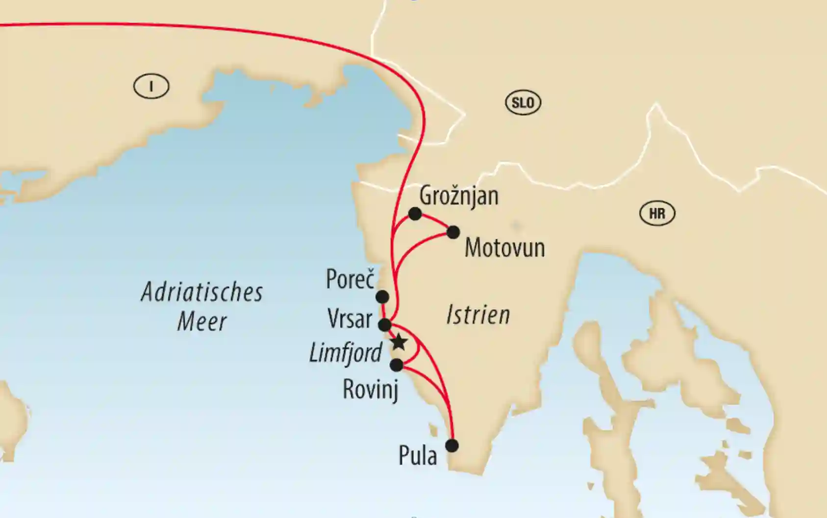 Karte von Istrien mit markierter Reiseroute und Orten wie Poreč Pula Rovinj und Motovun