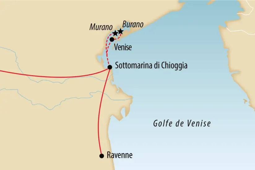Carte de l'itinéraire en Italie dans le Golfe de Venise. Le parcours relie Ravenne à Sottomarina di Chioggia par une ligne continue. De Sottomarina di Chioggia, des lignes pointillées mènent vers Venise ainsi que vers les îles de Murano et Burano.
