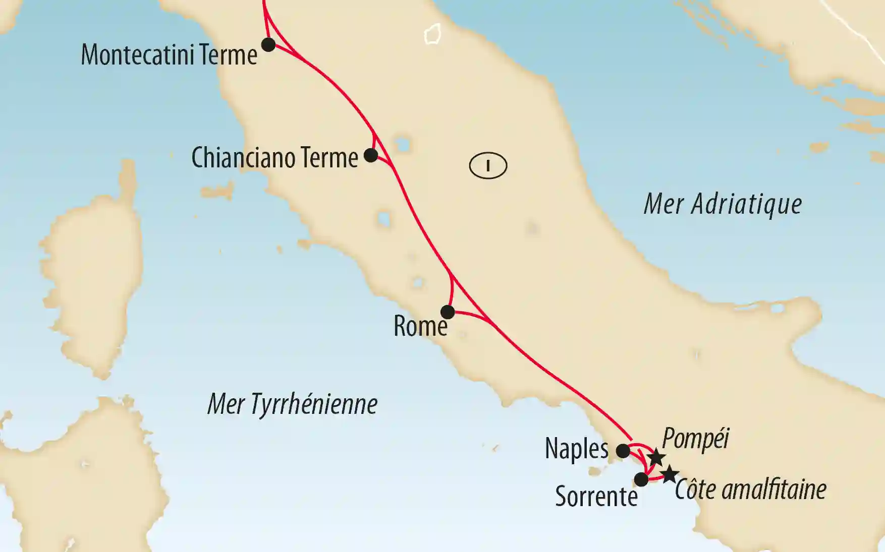 Carte de l’Italie montrant un itinéraire de Rome a Naples et vers la côte amalfitaine