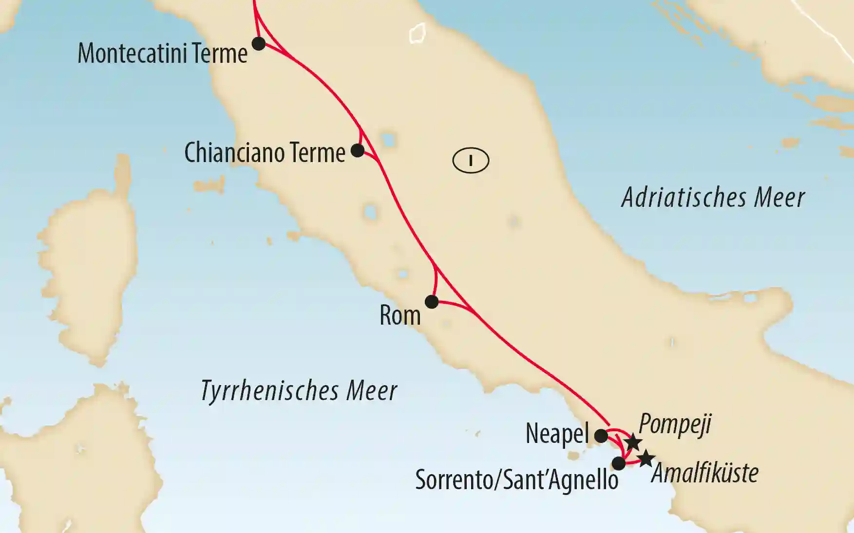 Karte von Italien mit Reiseroute von Rom nach Neapel und zur Amalfikueste