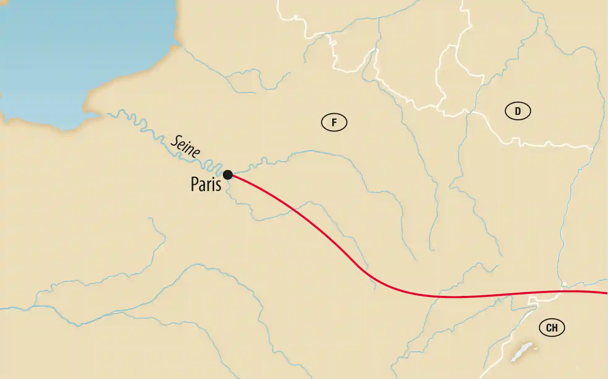 Karte von Frankreich mit markierter Reiseroute ab Paris und eingezeichneten Ländergrenzen und Flüssen