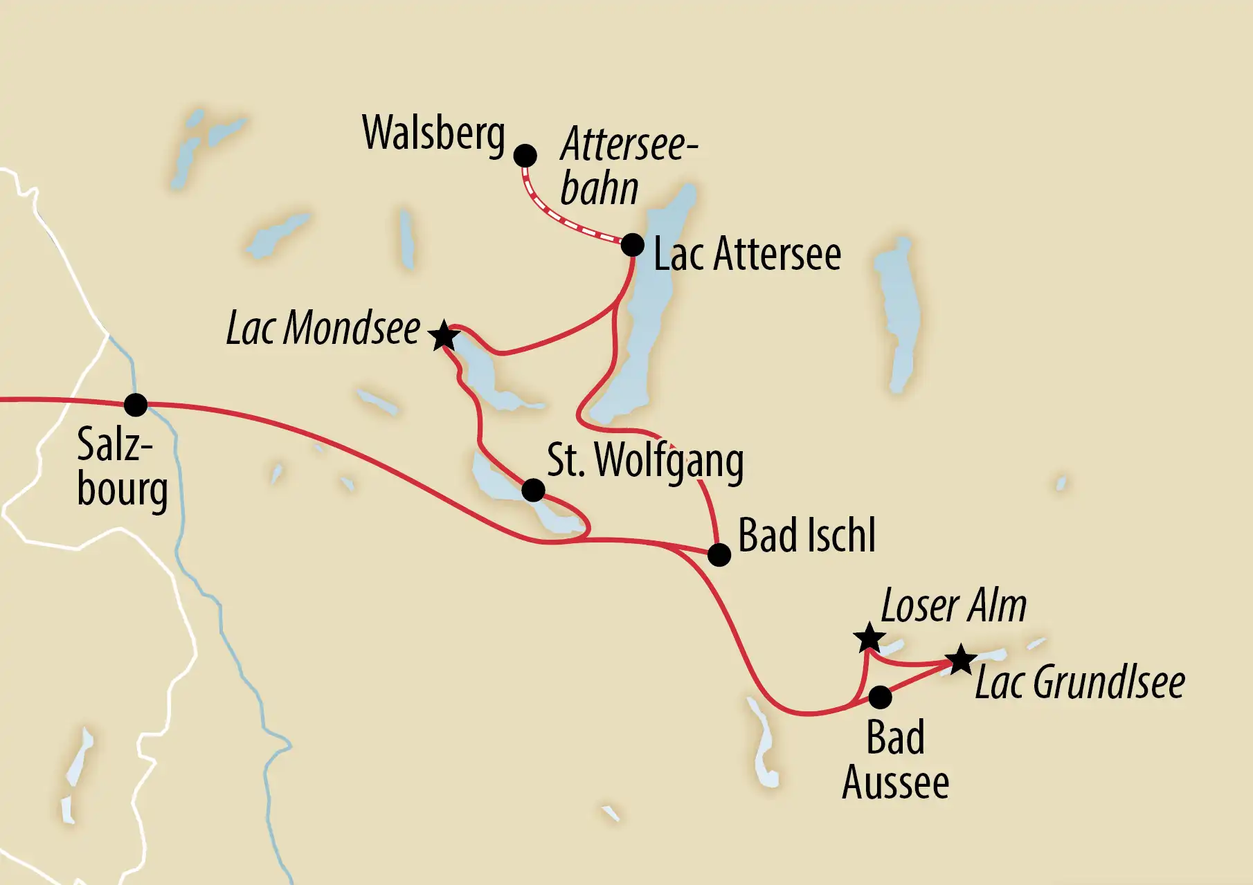 Carte d’itinéraire à travers Salzbourg, Mondsee, St. Wolfgang, Bad Ischl et Grundlsee