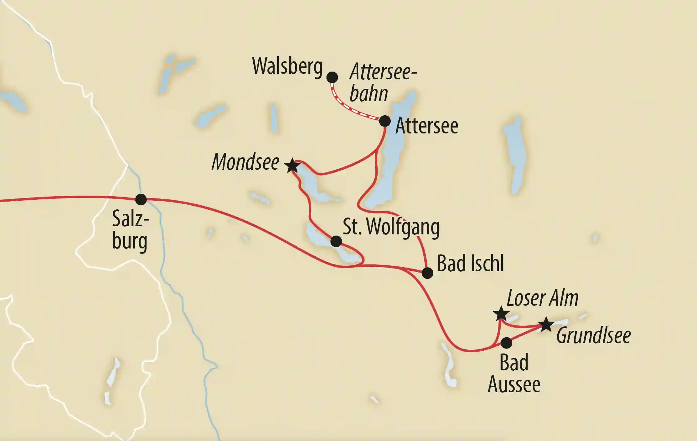Übersichtskarte mit Reiseroute durch Salzburg, Mondsee, St. Wolfgang, Bad Ischl und Grundlsee