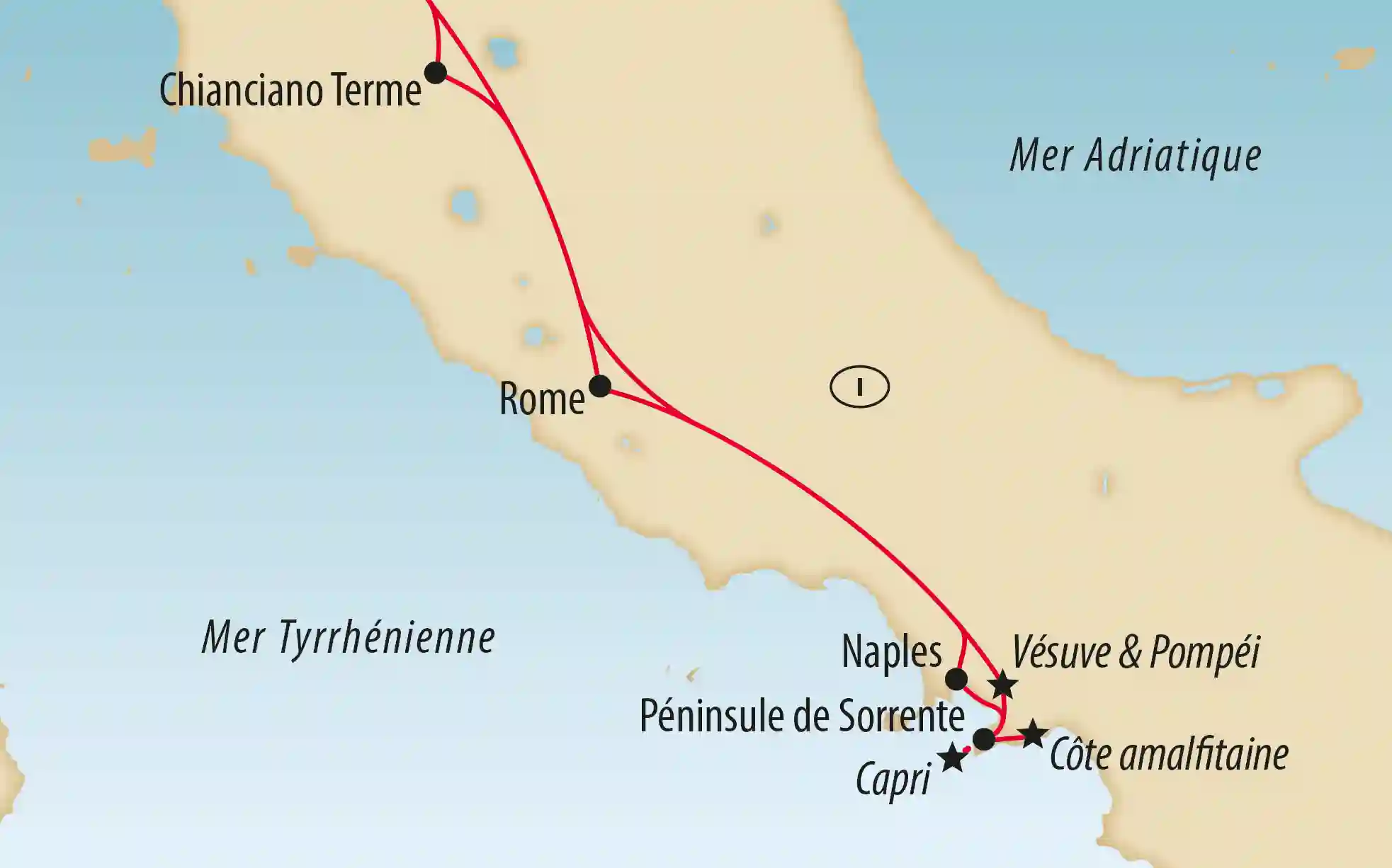 Carte de l Italie avec itineraire entre Rome, Naples, le Vesuve, Pompei et la cote amalfitaine