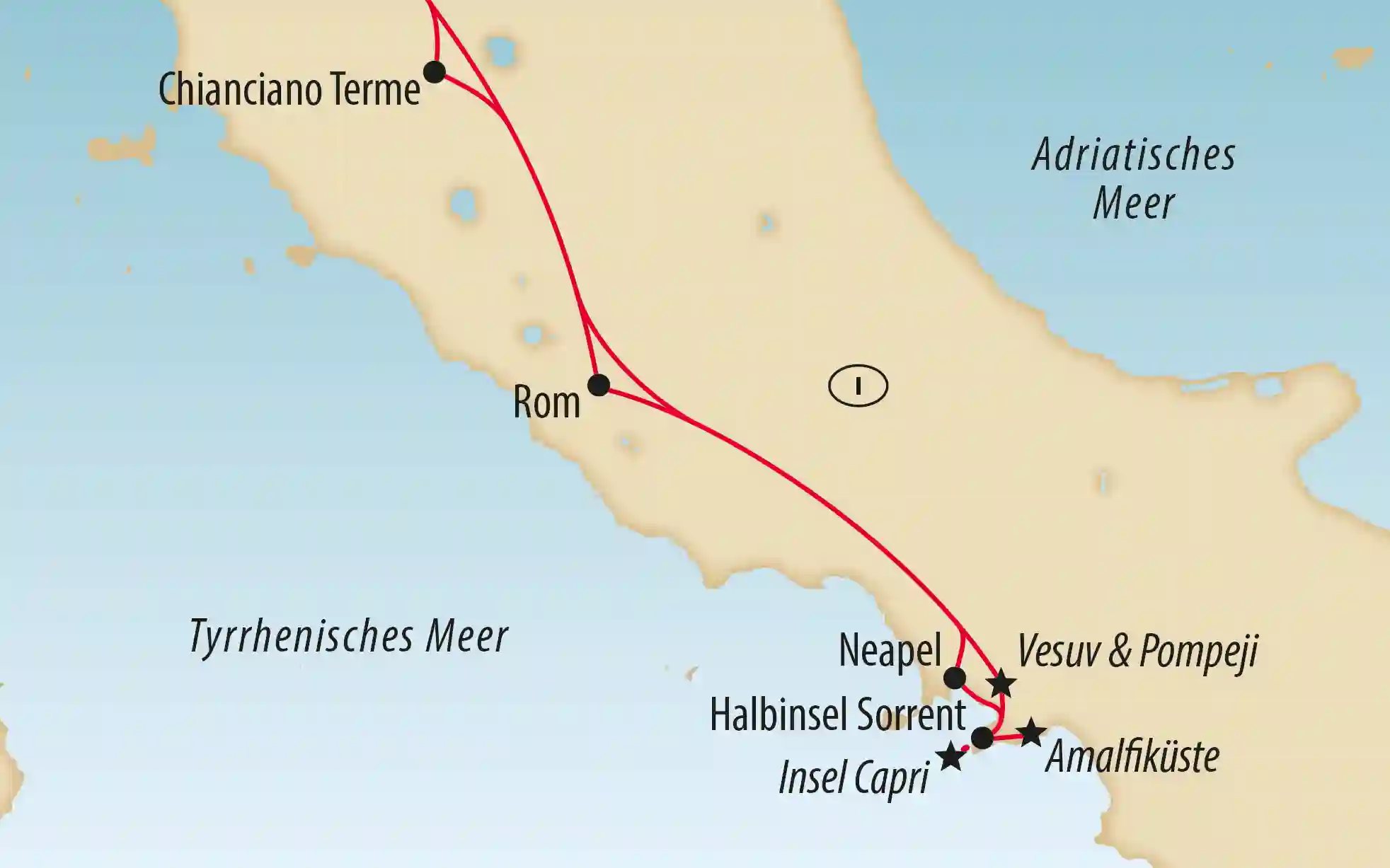 Karte von Italien mit markierter Reiseroute von Rom zur Amalfikueste und nach Capri