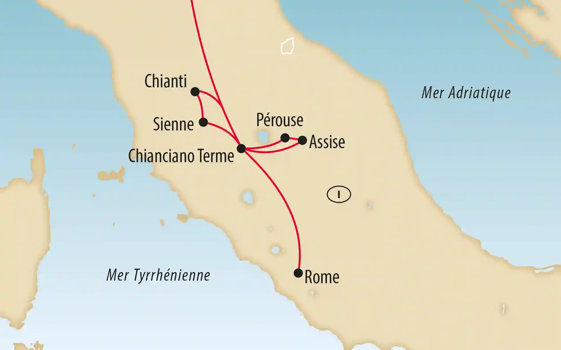 Carte d’Italie montrant un itinéraire de voyage reliant Chianti Sienne Pérouse Assise et Rome