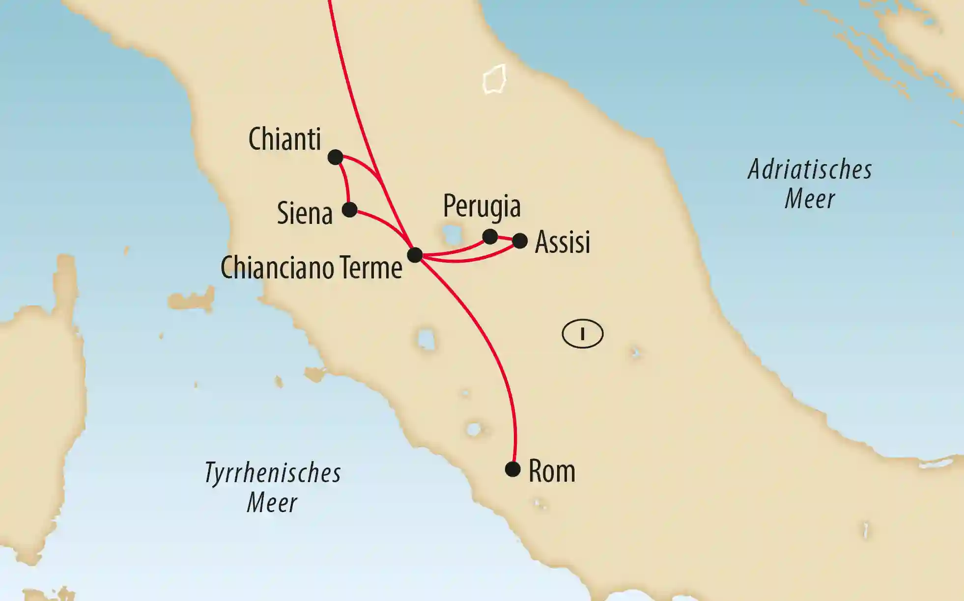 Übersichtskarte von Italien mit markierter Reiseroute durch Chianti Siena Perugia Assisi und Rom