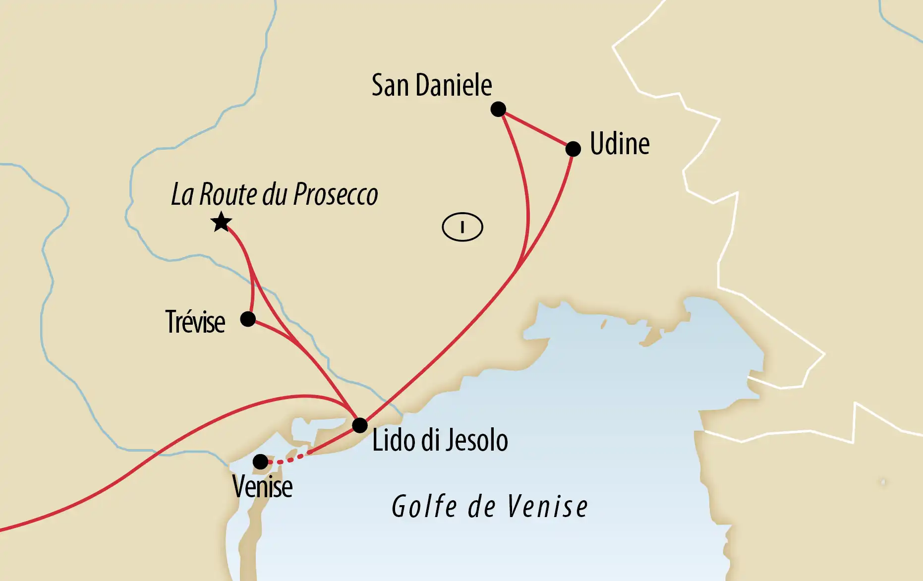 Carte avec itinéraire de voyage en Italie du Nord incluant Venise, Lido di Jesolo, Trévise, Udine et San Daniele