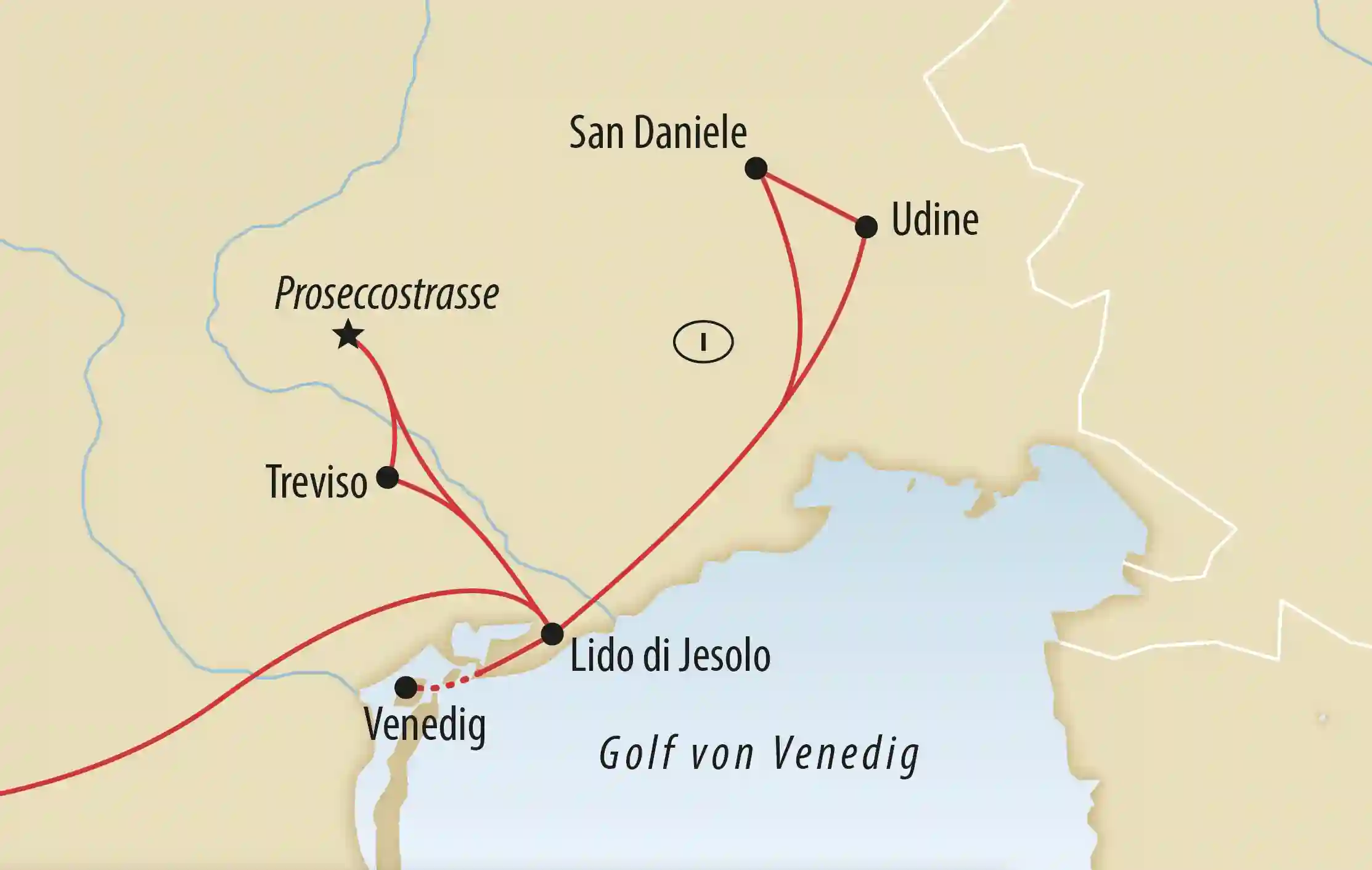 Karte mit Reiseroute durch Norditalien mit Stationen wie Venedig, Lido di Jesolo, Treviso, Udine und San Daniele