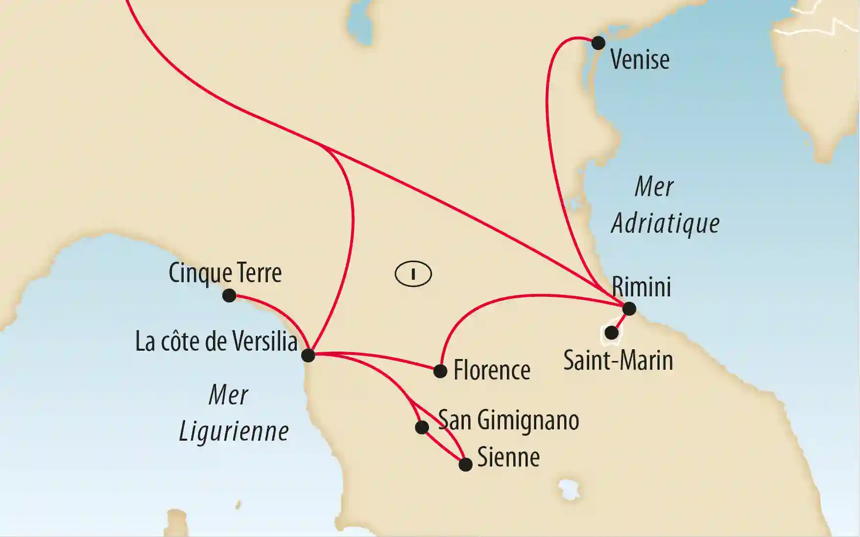 Carte de l’Italie montrant des itinéraires de voyage reliant Florence Venise Sienne Cinque Terre et Rimini