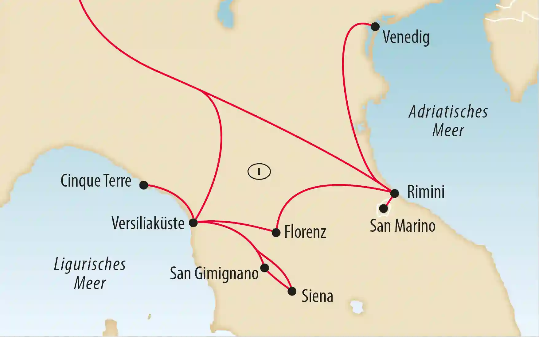Übersichtskarte von Italien mit markierten Reiserouten zwischen Florenz Venedig Siena Cinque Terre und Rimini